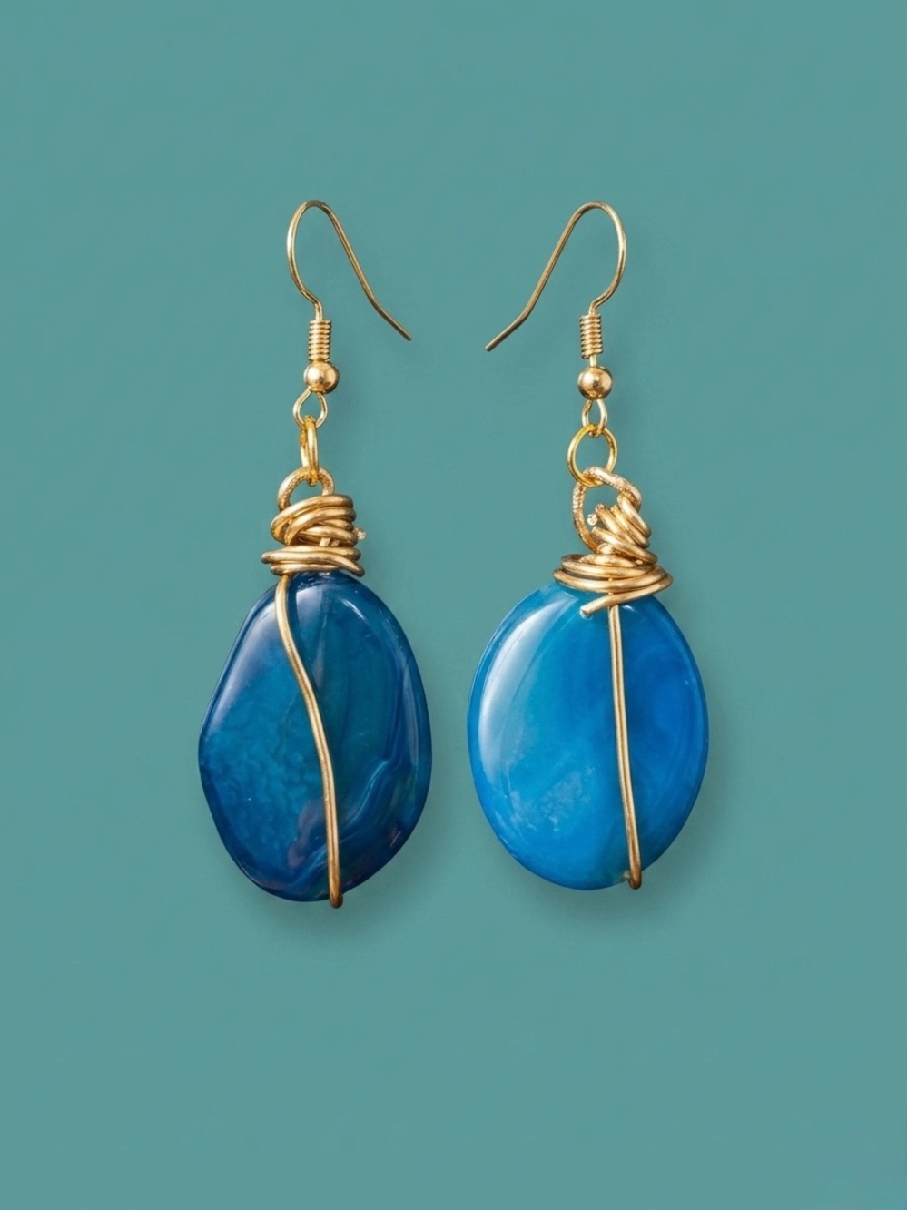 Hand Crafted Gold Wire Wrapped Blue Stone Drop Earrings